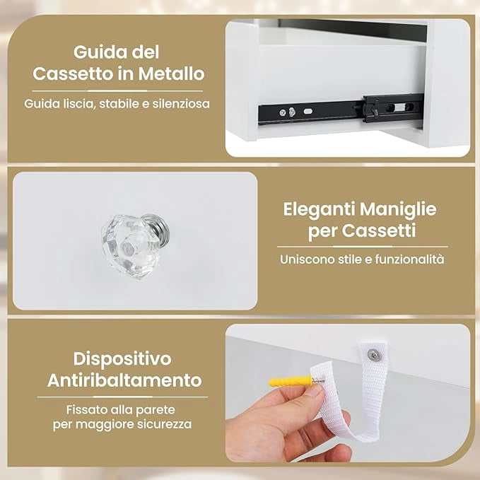 Toeletta da Trucco con Luci, Consolle Toeletta da Parete, con Specchio Moderno e 2 Cassetti Rimovibili, per Camera da Letto o Bagno, Bianco, 50 x 26 x 59,5 cm