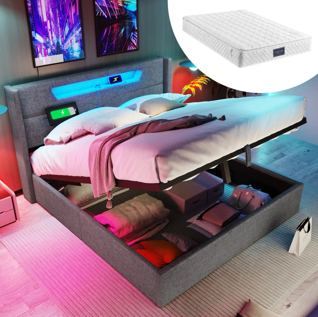 Letto matrimoniale 160x200 cm in tessuto effetto lino grigio con LED; USB e Type C; contenitore