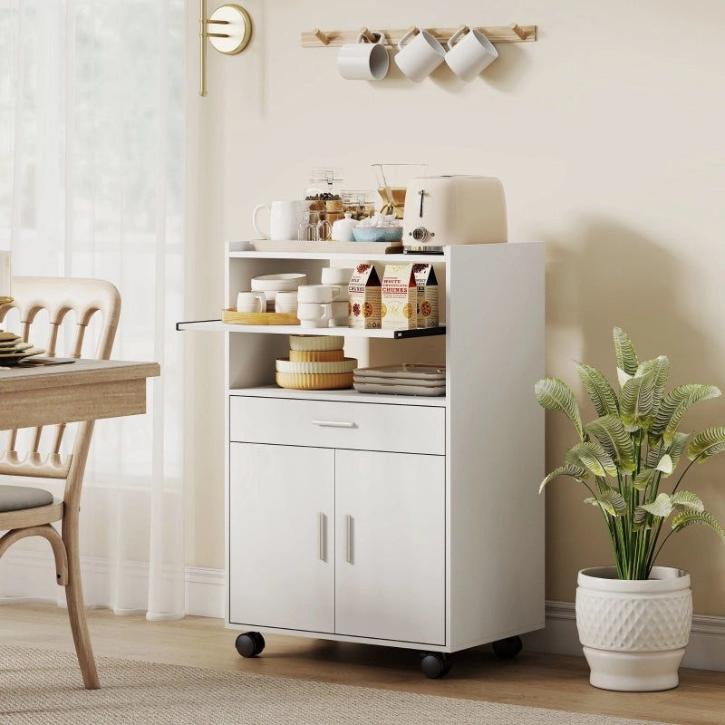 Mobile contenitore da cucina per microonde con piano estraibile 1 cassetto anta doppia e ruote bianco moderno in MDF