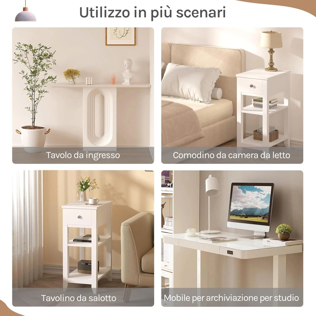 Comodino Alto e Stretto con 1 Cassetto e 2 Ripiani Aperti, Comodino per Camera da Letto, 45x28x66cm, Tavolino da caffè in Legno, Mobiletto Multiuso con Design Moderno, Bianco NTS02ws