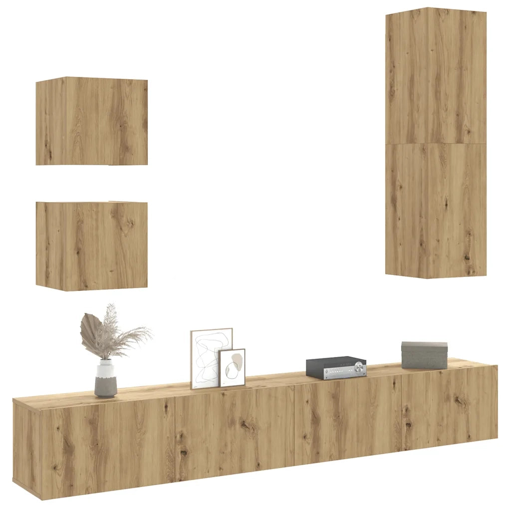 Set Mobile TV 5 pz Montato a Parete Rovere in Legno Multistrato