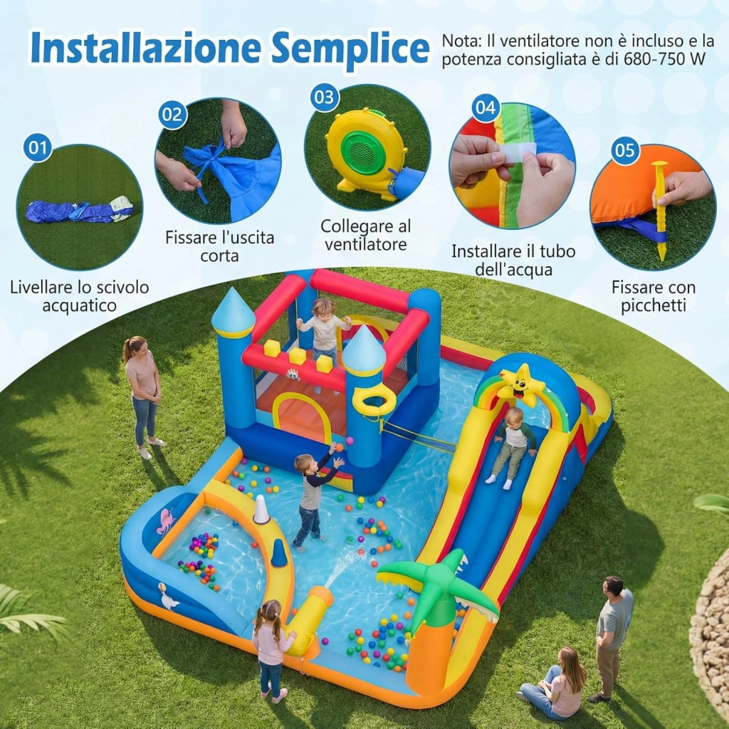 Castello Gonfiabile per Bambini, Grande Parco Acquatico per Bambini con Piscina, Scivolo, Parete d'Arrampicata, Palline Oceaniche e Gioco degli Anelli, per Bambini 3-12 Anni