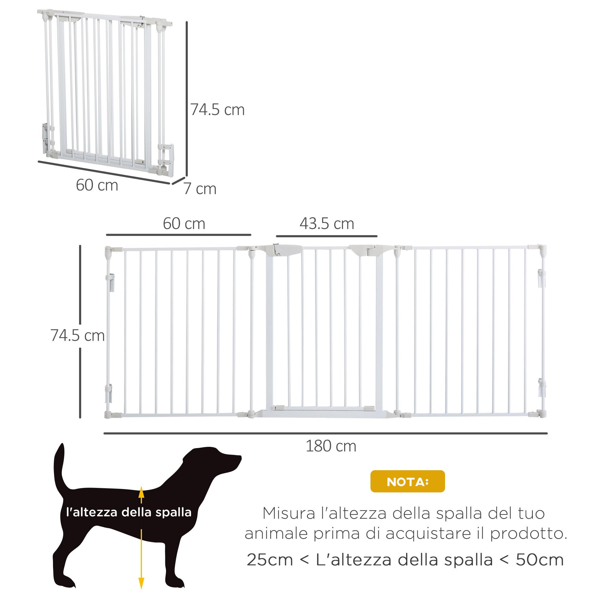 Cancelletto per Cani con Chiusura Automatica 180x3x74,5 cm in Metallo e Plastica Bianco