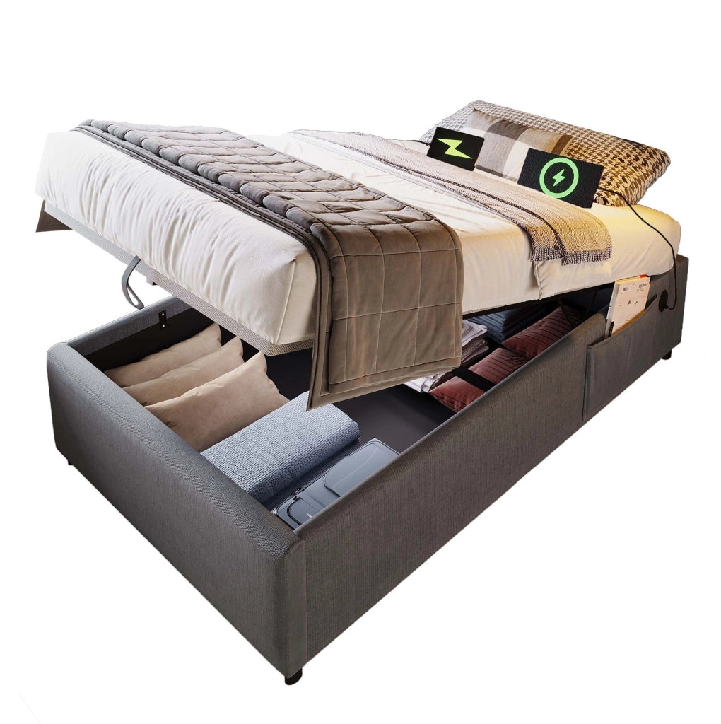 Letto contenitore singolo 90x200 cm con USB e USB C; cotone e lino grigio