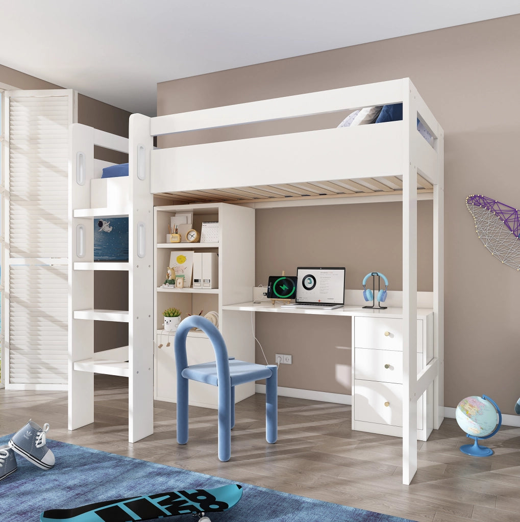 Letto a soppalco 90x200 cm con scrivania, armadio e USB-C