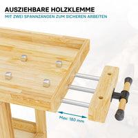 Banco da lavoro 145x49x86cm in legno (Rubberwood) ripiano e pinze di serraggio
