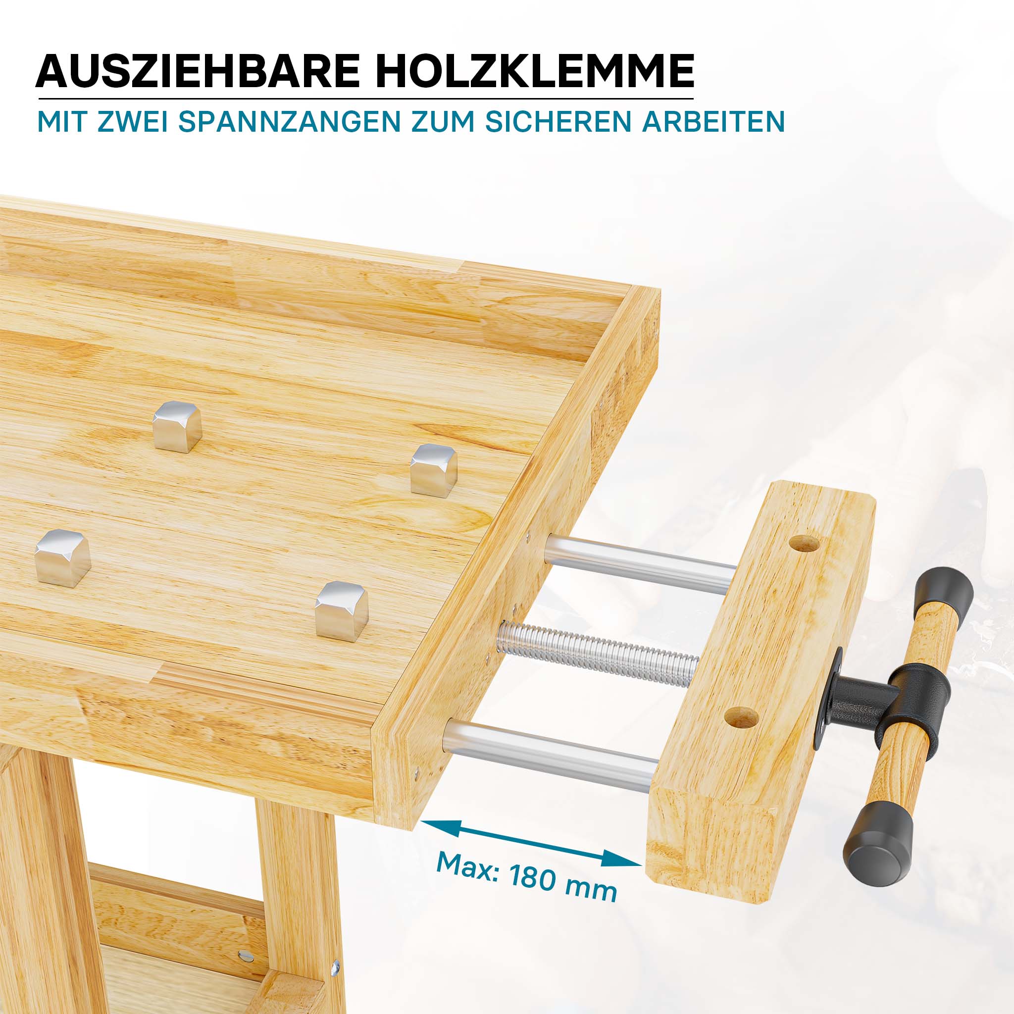 Banco da lavoro 145x49x86cm in legno (Rubberwood) ripiano e pinze di serraggio