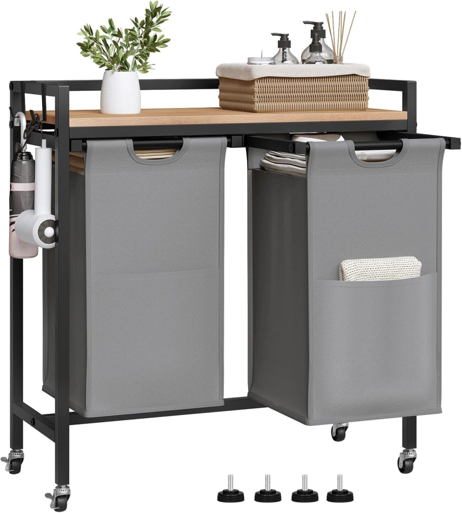 Cesto Portabiancheria, 2 Sacchi in Tessuto Oxford Rimovibili, Porta Biancheria, Struttura in Metallo, per Bagno e Lavanderia, 70x30x71cm, Capacità 40L per Cesto