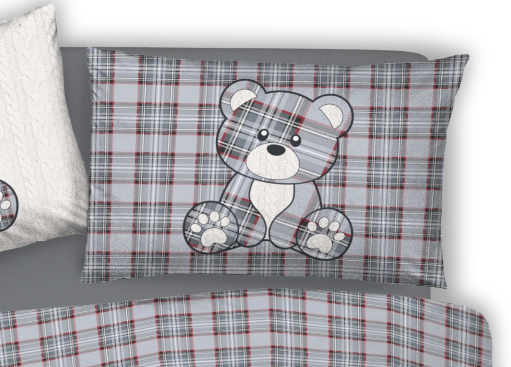 Copripiumino Sacco Piumone Pensieri Delicati 100% Cotone Orsetto Tartan - Matrimoniale - Grigio