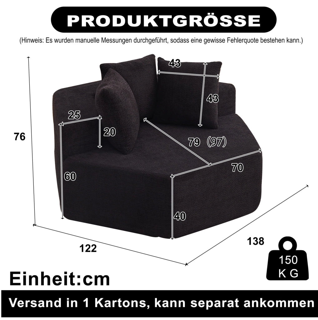 Poltrona lounge modulare esagonale nera in ciniglia; con 3 cuscini