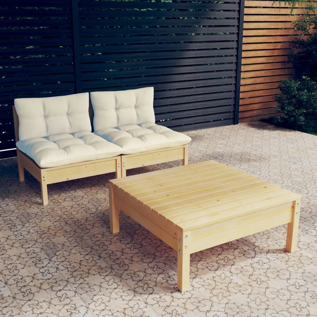 Set Divani da Giardino 3 pz | Set Salotto da Giardino con Cuscini Crema Massello di Pino