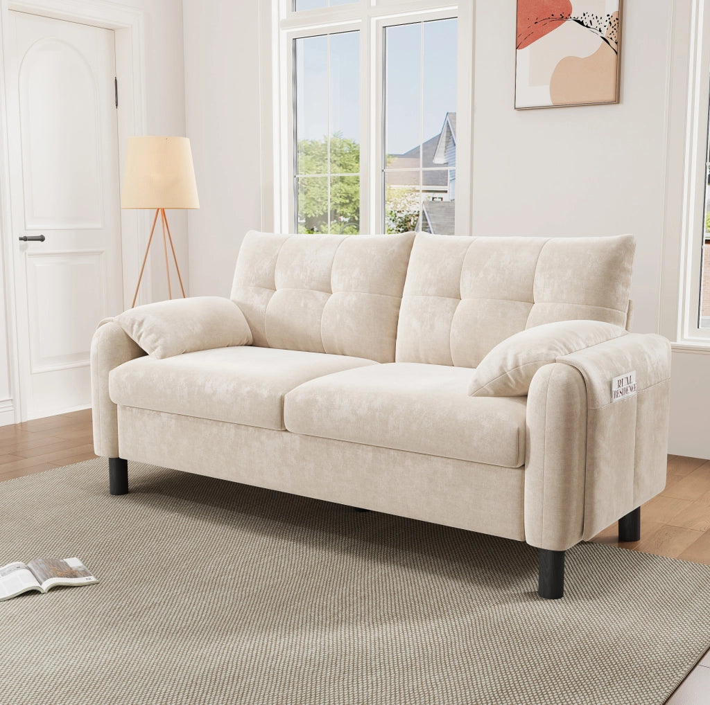 Divano 2 posti modulare in ciniglia beige con tasche laterali e 2 cuscini; 158 × 80 × 88;5 cm