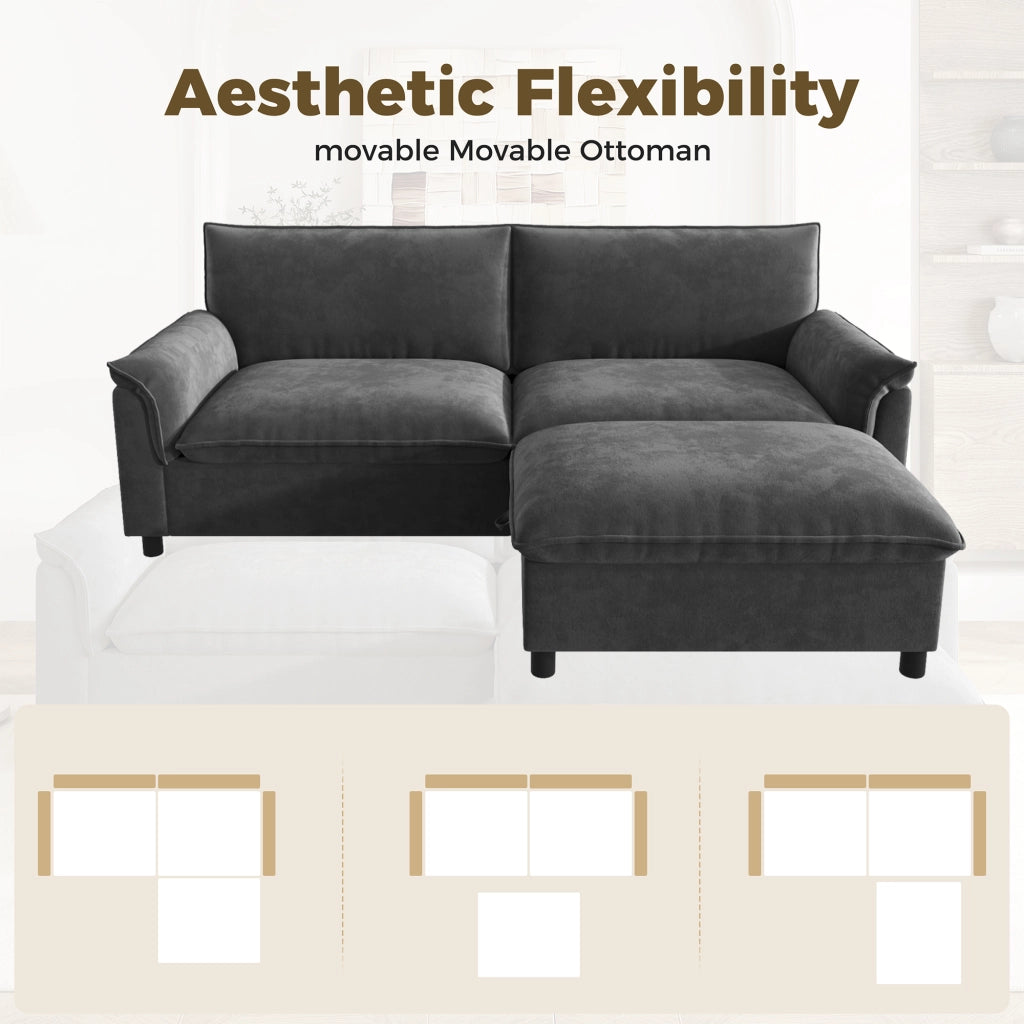 Divano modulare con pouf contenitore funzione letto temporaneo schienale alto in chenille nero 216 × 77 × 82 cm