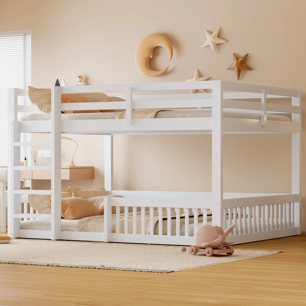 Letto a castello basso 160x200 cm con sponde; MDF e pino; bianco