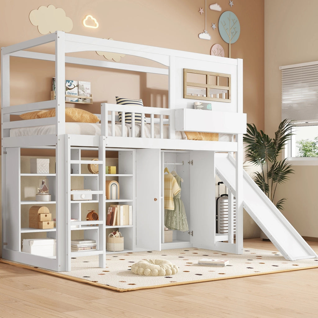 Letto a castello con scivolo e armadio in legno massello e MDF 90x200 cm