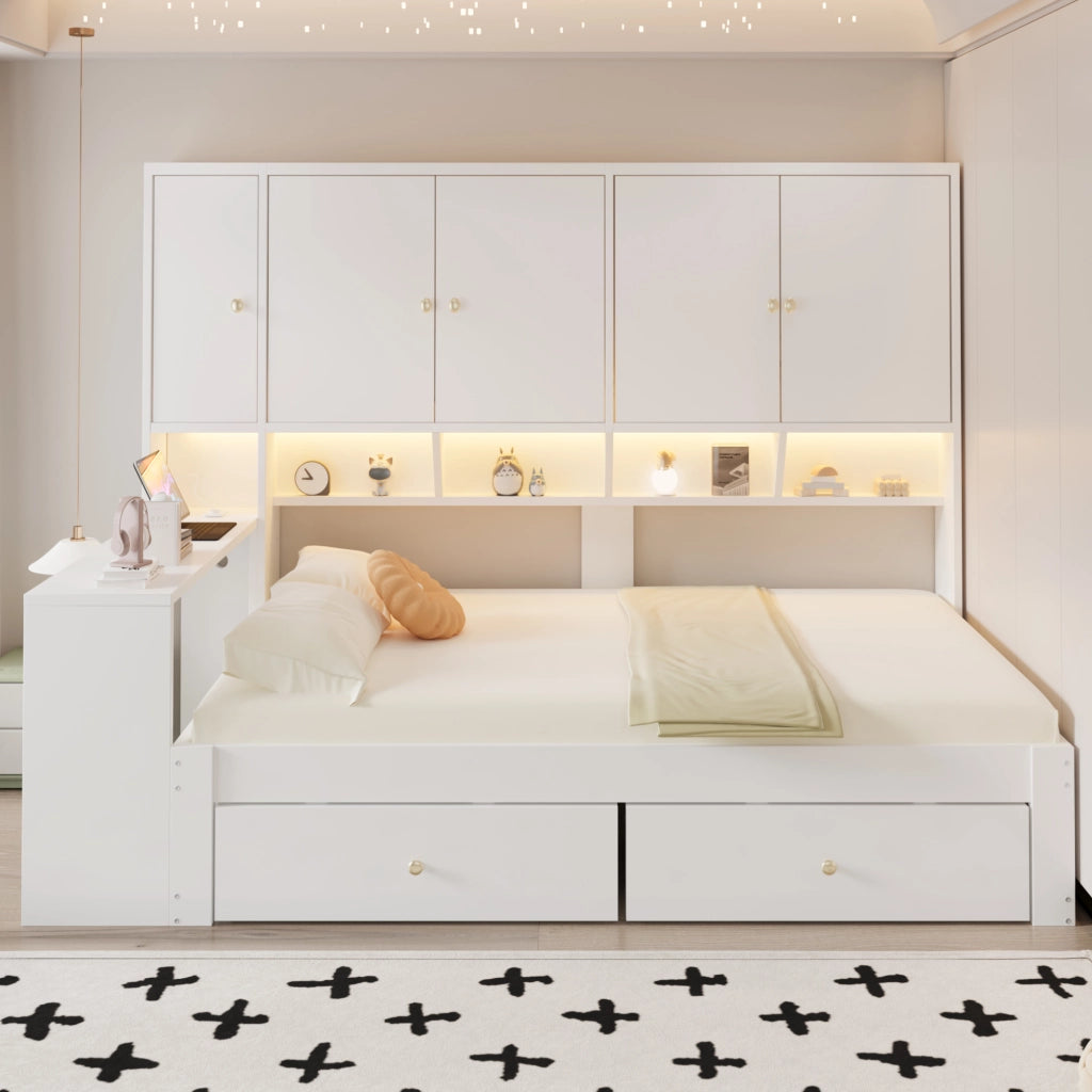 Letto singolo 90 × 200 cm con scrivania integrata armadi cassetti LED e prese elettriche bianco