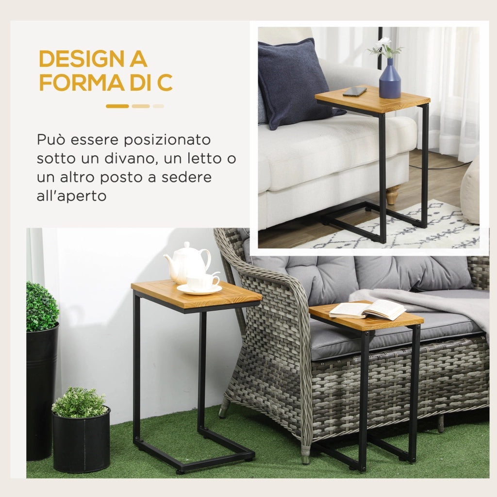 Easycomfort Set 2 Tavolini da Giardino a C in Metallo e Legno di Pino con Design Impilabile, 40x30x60 cm