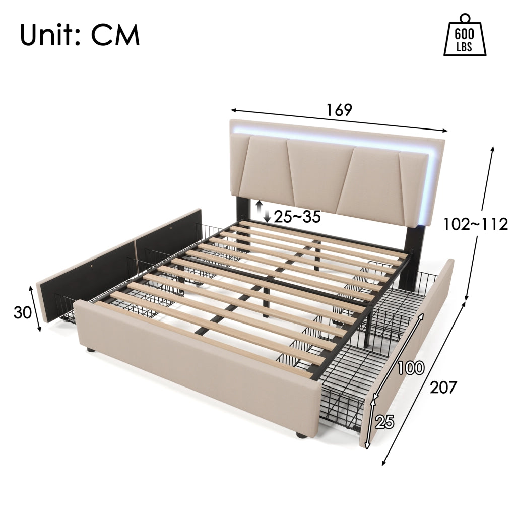 Letto imbottito con 4 cassetti illuminazione a LED 160x200 cm legno beige