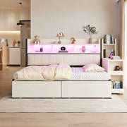 Letto singolo multifunzione 90x200 cm con scrivania mobile; contenitori e prese; bianco e legno