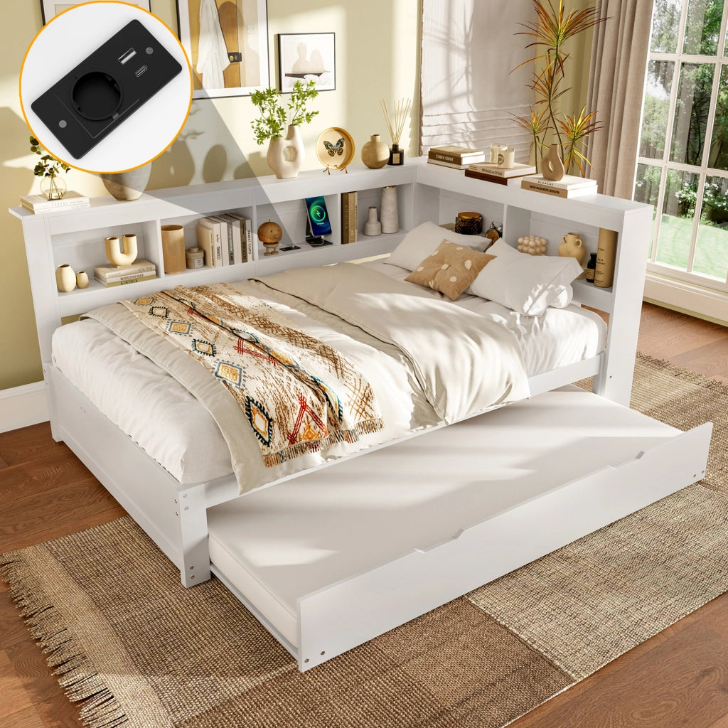 Letto estraibile matrimoniale 140×200 cm con prese e 2 USB; 2 cassetti; senza materasso; bianco