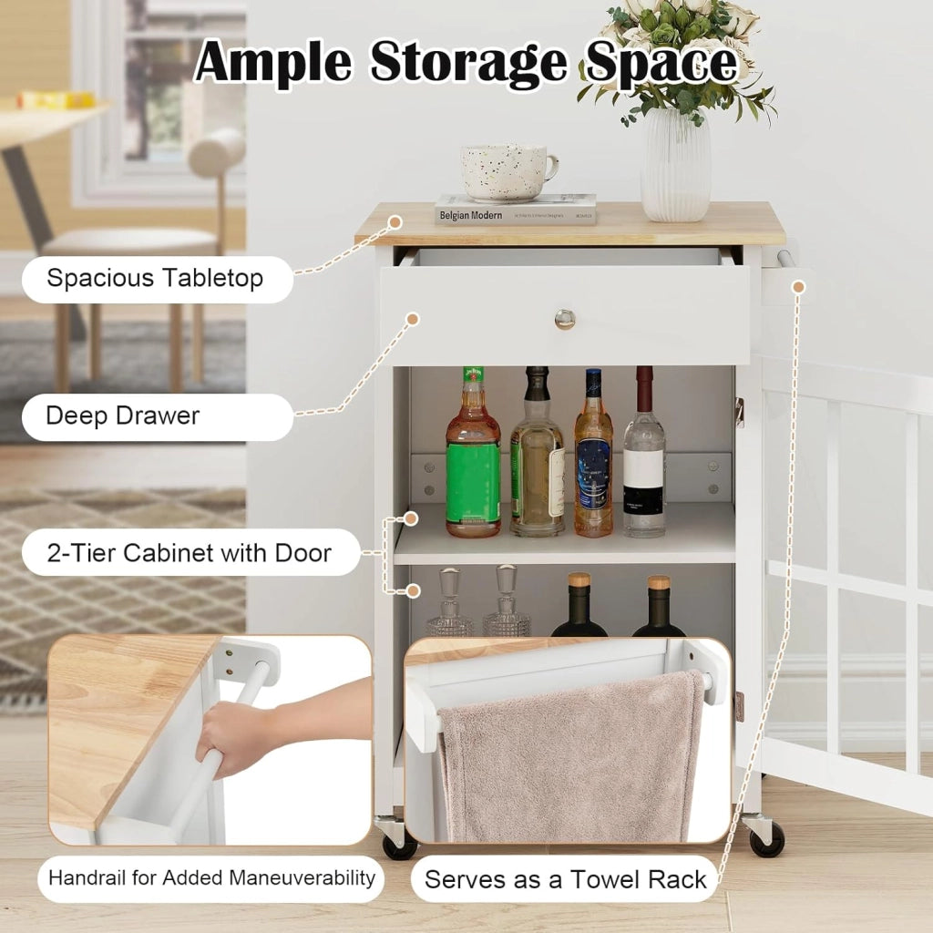 Carrello da cucina con ruote, carrello di servizio con cassetto, porta in vetro temperato, portasciugamani in legno di gomma, tavolo da bar mobile con ripiano regolabile per soggiorno