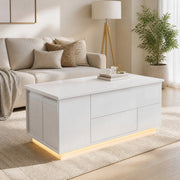 Tavolino da salotto sollevabile 100x50x45 cm in truciolare bianco con LED; 2 cassetti e 2 sgabelli