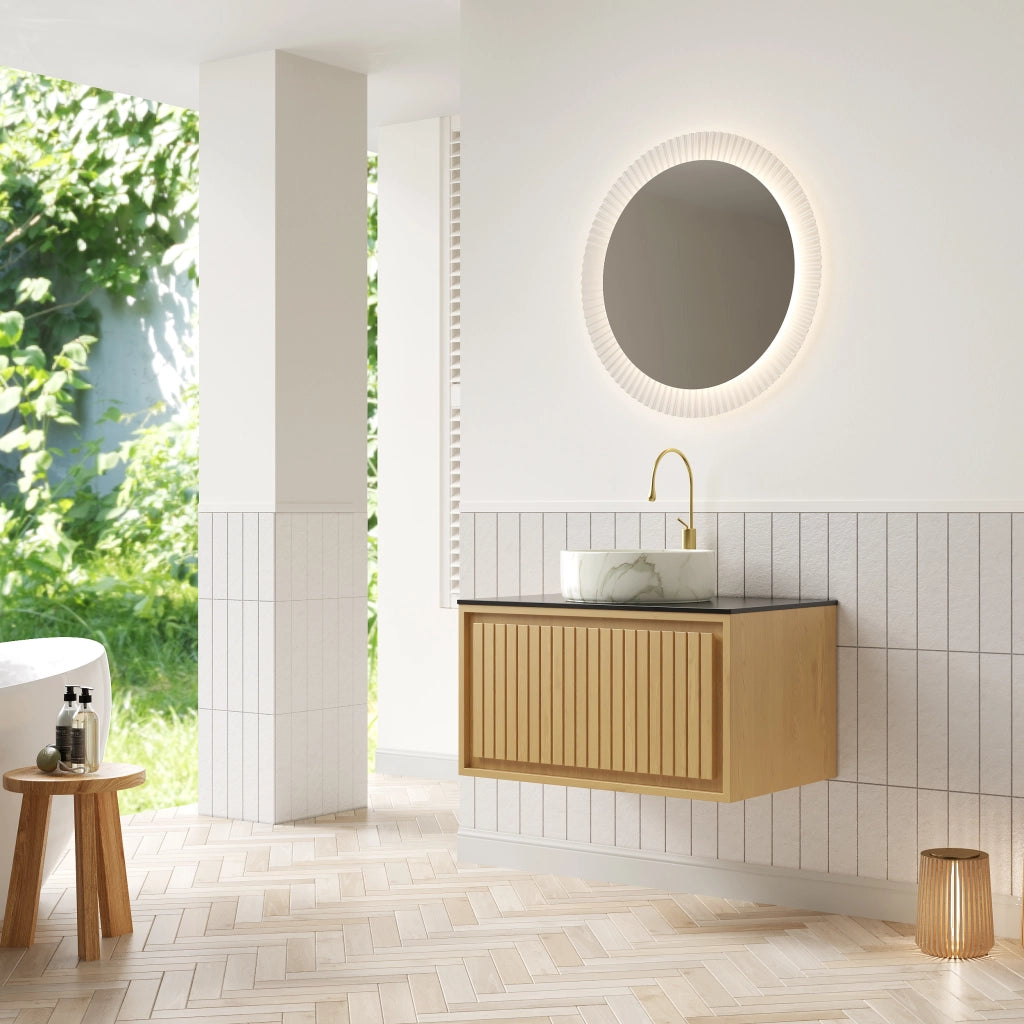 Mobile sottolavabo sospeso con lavabo rotondo in ceramica e cassetto frontale rigato per bagno rovere e nero