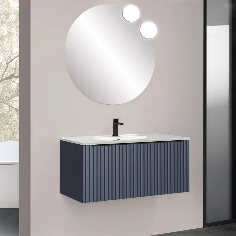 Mobile bagno sospeso 90 cm blu notte cannettato con cassetto e lavabo Nara