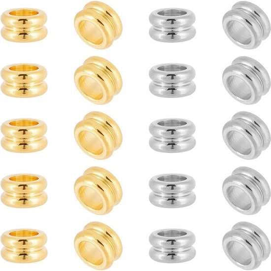 Accessori per gioielli - 60 pezzi - Acciaio inossidabile/Oro - 8 mm di diametro - Foro grande 5 mm - Spacer per gioielli - Per creare gioielli - Scatola trasparente