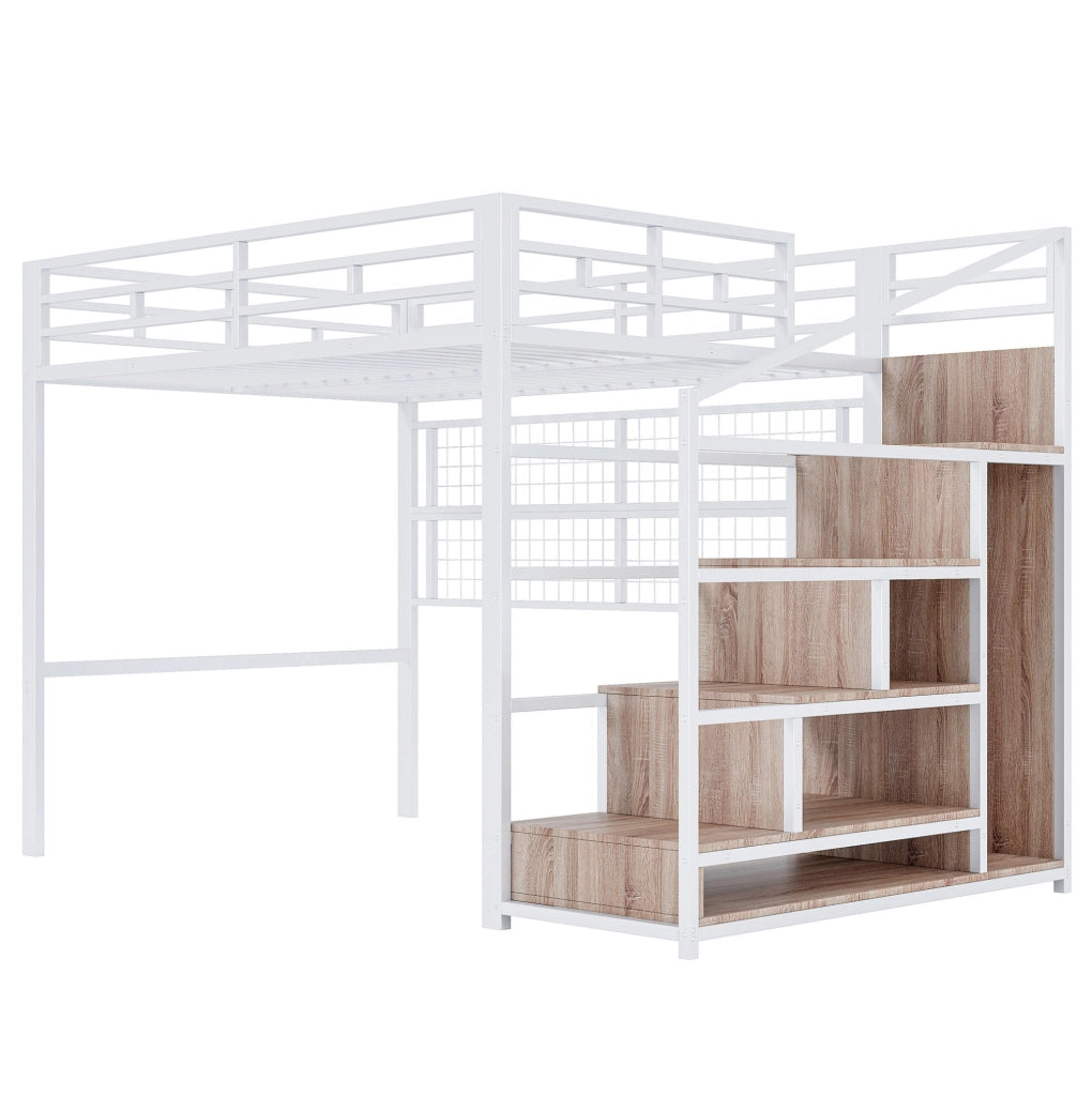 Letto a soppalco 140x200 cm con scala armadio e griglia; metallo; bianco; (Senza materasso)