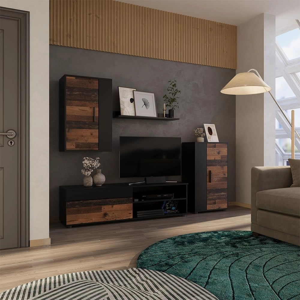 Parete attrezzata Berno, Rovere rustico, Set di 4 pezzi, adatto per la conservazione di dispositivi multimediali e accessori