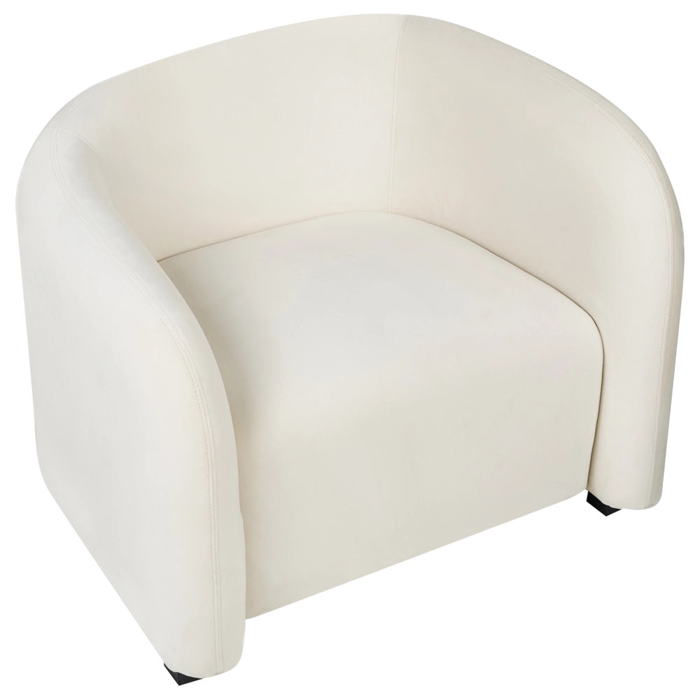 Set da salotto in velluto bianco sporco con divano e poltrone imbottiti davanti e dietro, schienale curvo, design moderno