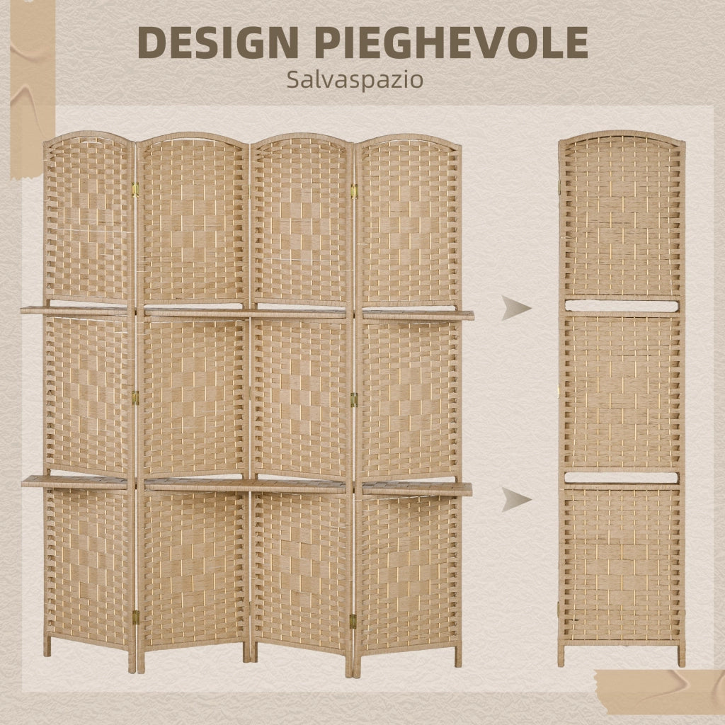 Paravento a 4 Ante Pieghevole con Mensole 160x170 cm Legno di Pino