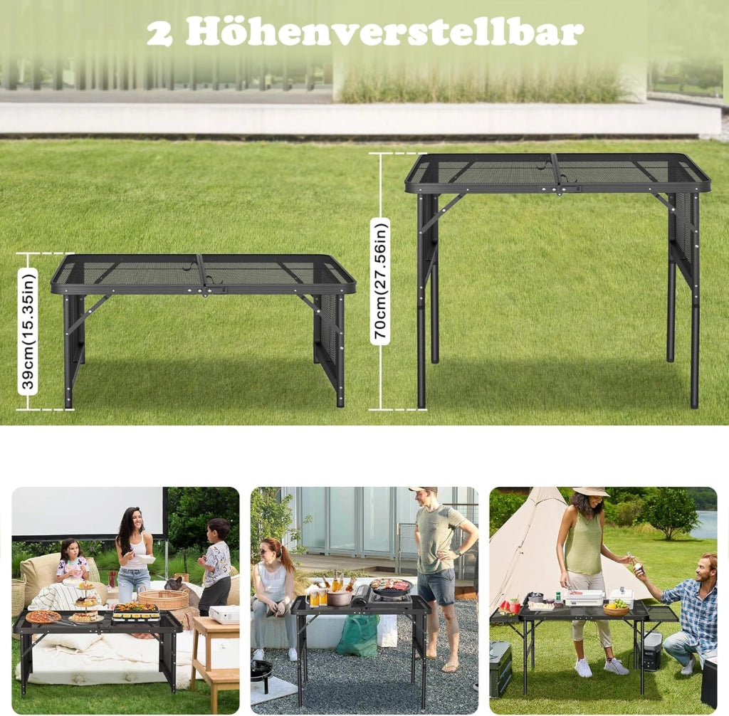 Tavolo da campeggio pieghevole, regolabile in altezza, da giardino, da balcone, da campeggio, con prolunghe, in metallo, per feste, pieghevole, resistente alle intemperie, 90 x 60 cm