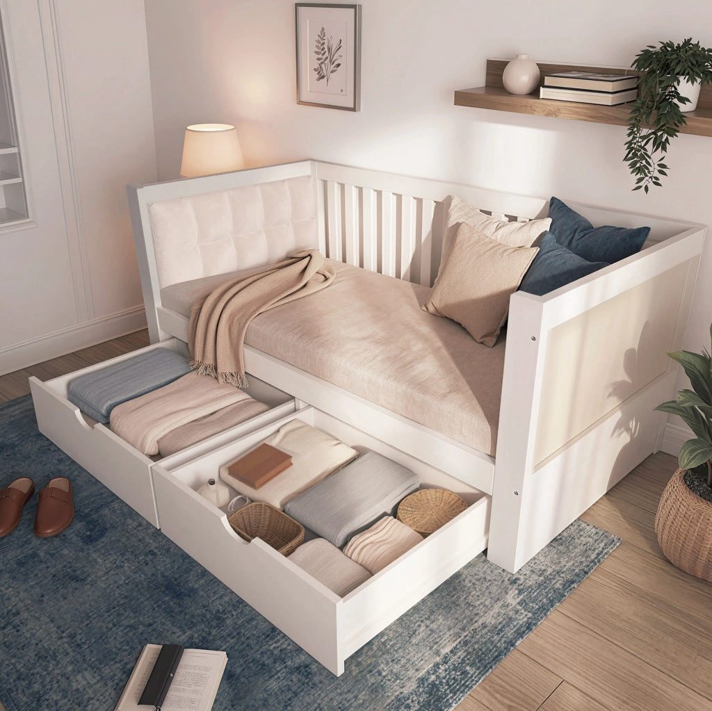 Letto da giorno con 2 cassetti 90x190 cm in legno di pino e compensato; bianco
