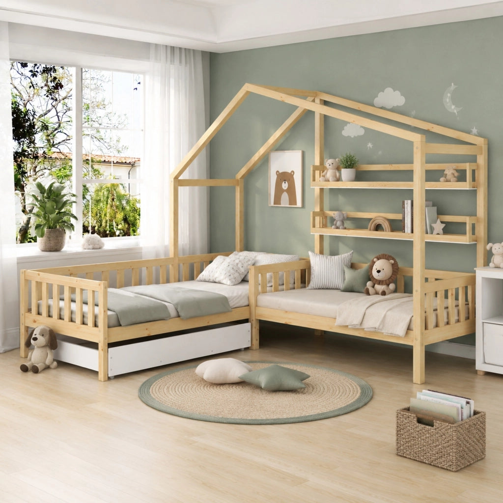 DESMIU Letto casetta 1 posto con cassetto, scaffali e sponde 90 × 200 cm e 140 × 70 cm, senza materasso