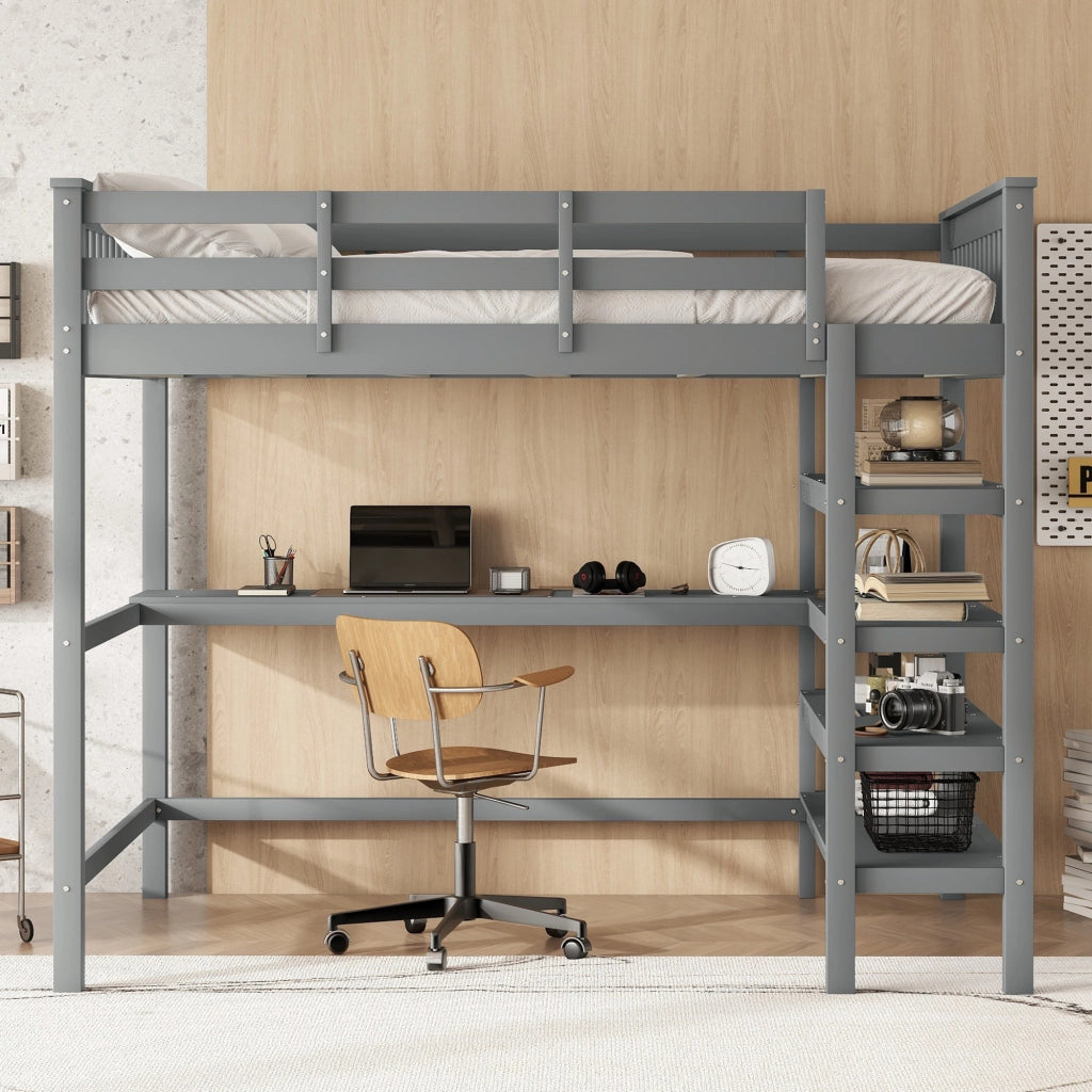 OKWISH Letto a Soppalco 140×200 cm, Letto Matrimoniale con Scrivania, Scaffali e Vani Contenitore, senza Materasso, Grigio