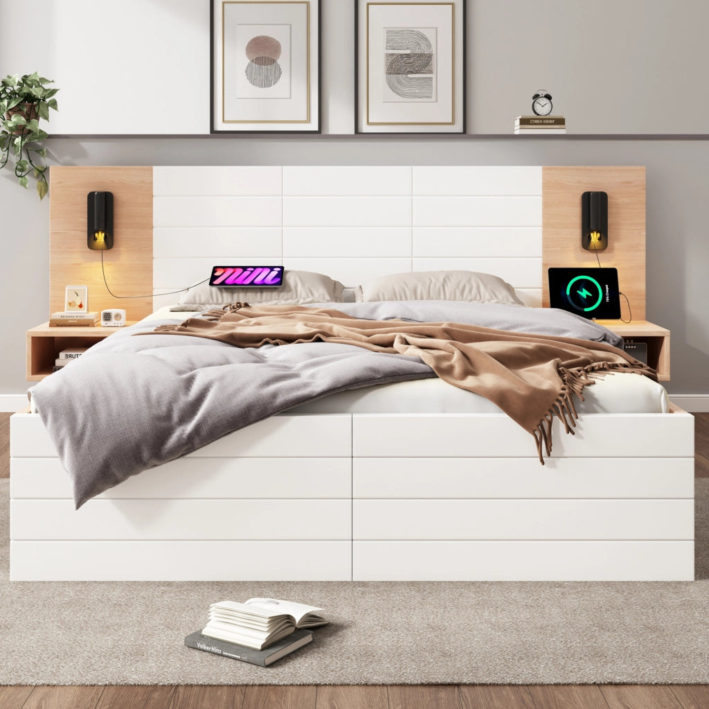 Letto matrimoniale 160 x 200 cm con cassetti, luce orientabile e ricarica USB