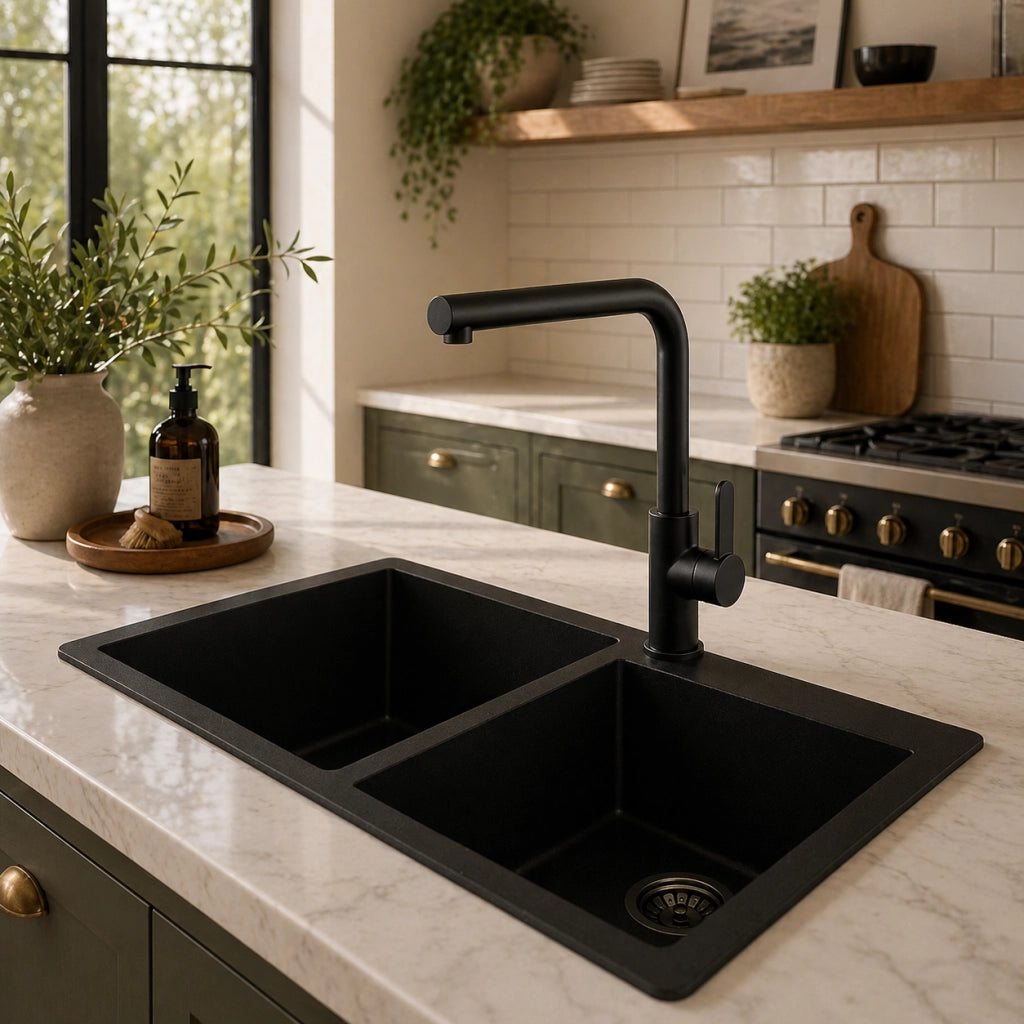Rubinetto Cucina Nero Opaco Canna Alta Quadrata Girevole Miscelatore Lavello 94027