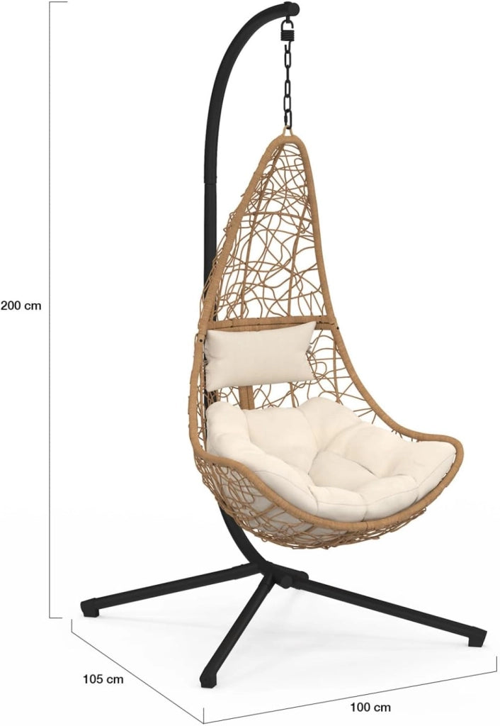 Poltrona sospesa a Mezzaluna in Rattan con Cuscino Ecrù