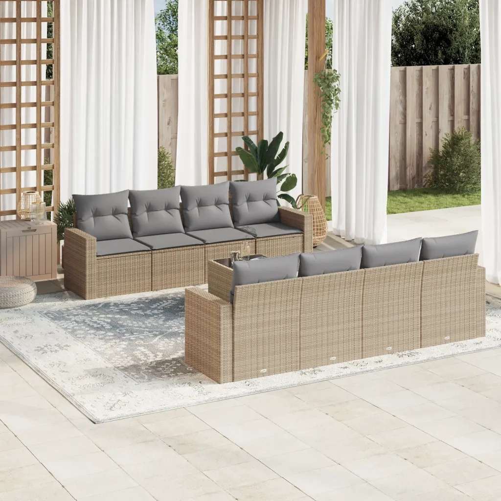Set Divano da Giardino 9 pz con Cuscini Beige in Polyrattan 3251086