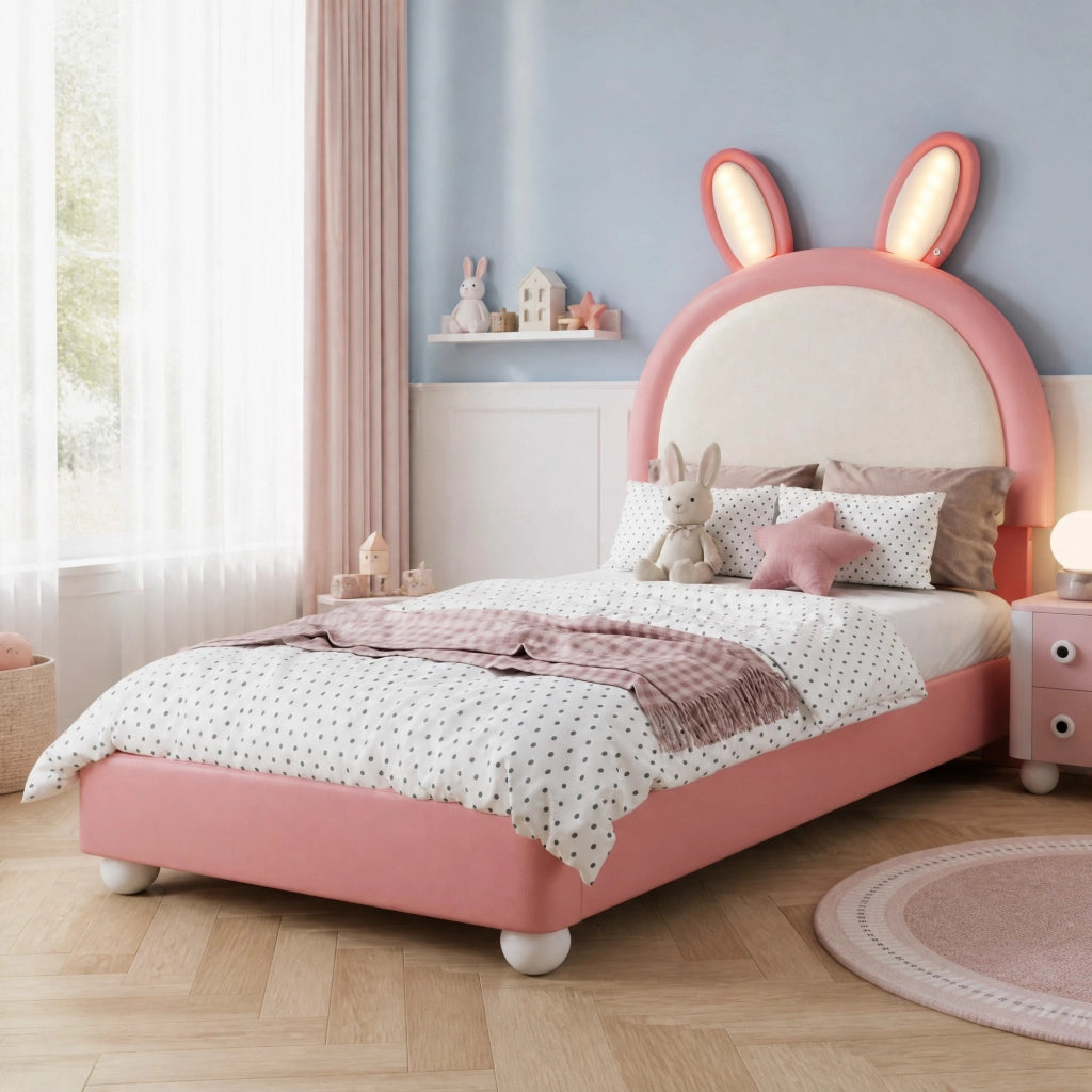 Letto singolo imbottito a coniglio con LED rosa e bianco 90x200 cm