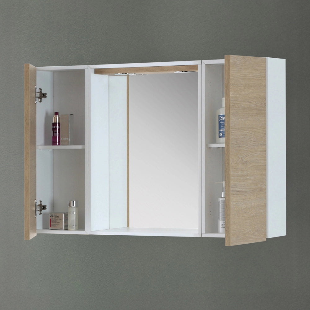 Specchio contenitore 91x61 cm rovere dolomite con pensili laterali e LED Desya
