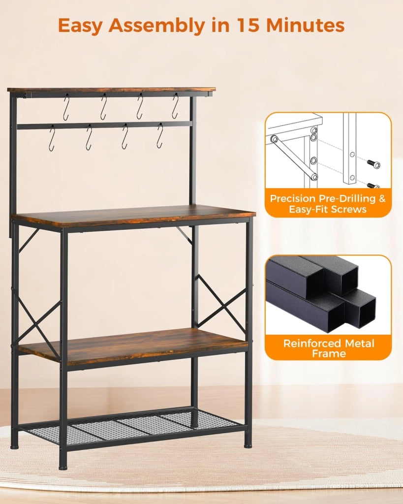 Scaffalatura, Scaffale Cucina, Scaffale a Piede, Scaffale per Microonde, Scaffale Spezie, Libreria con Protezione Anti-Ribaltamento, Mobile con 4 Ripiani, 8 Ganzi a S, 80x40x126cm, Marrone