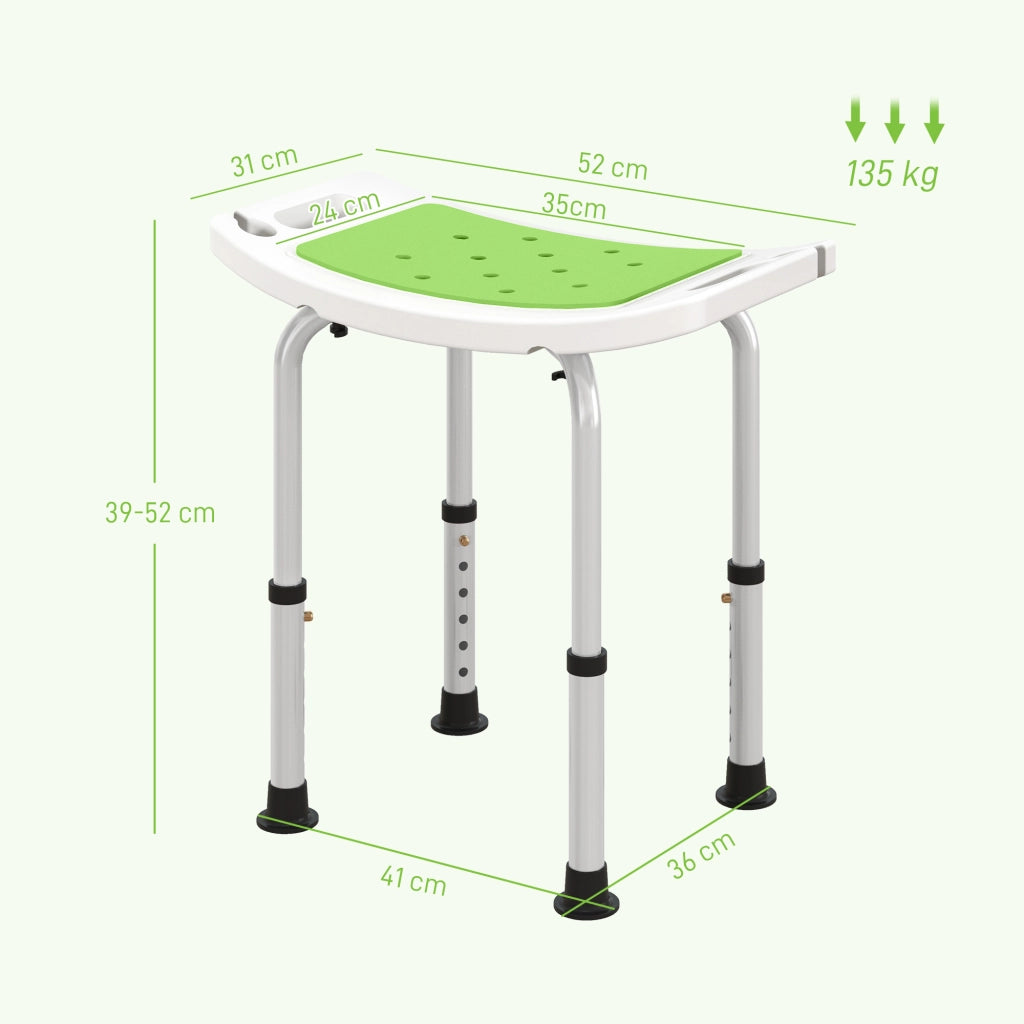Sgabello da Doccia in Lega di Alluminio e Plastica Antiscivolo, Altezza Regolabile 6 Livelli 39-52cm, Verde