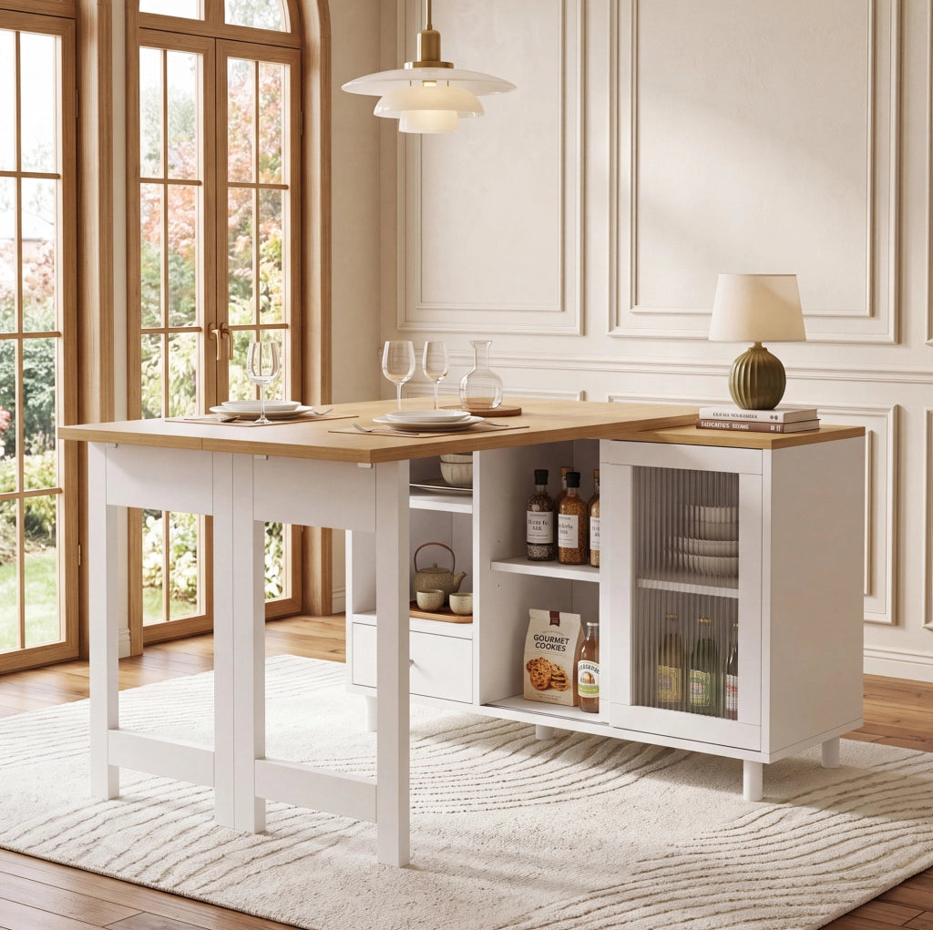 Tavolo da pranzo pieghevole e allungabile con vano contenitore in MDF bianco