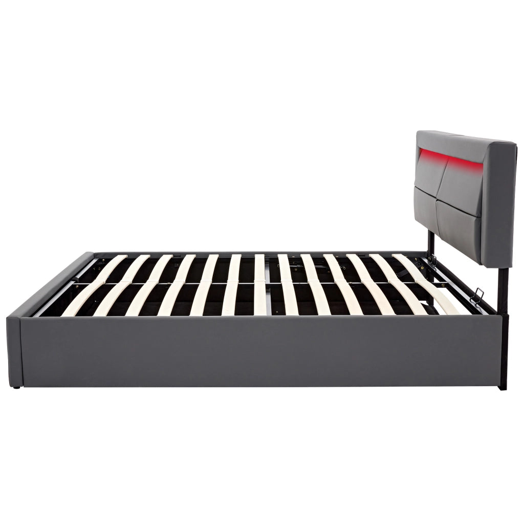 Letto imbottito grigio 140 x 200 cm con LED, USB e vano contenitore
