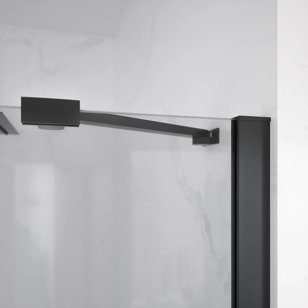Porta doccia 110cm apertura a battente lato destro con cerniere, profili nero opaco e vetro da 8mm trasparente h195 | Fiji