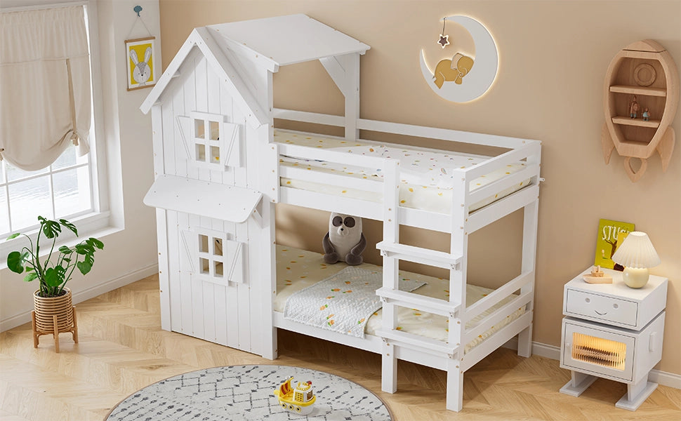 Letto a castello per bambini con finestre e scala, 90x200 cm, bianco