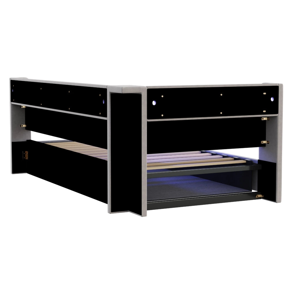Letto imbottito multifunzione 90x200 cm in velluto grigio chiaro con contenitore; LED e prese